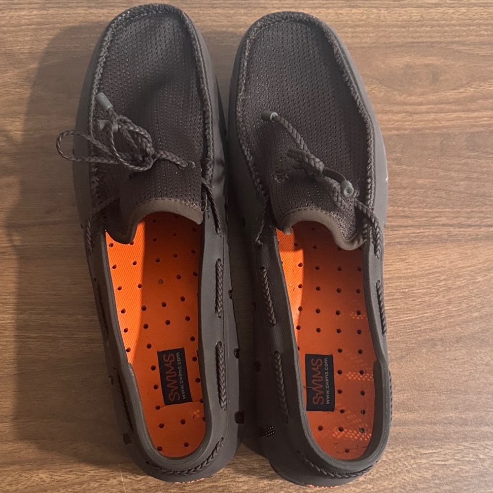Simms Men's Brown Boat Shoes with Bright Orange Interior